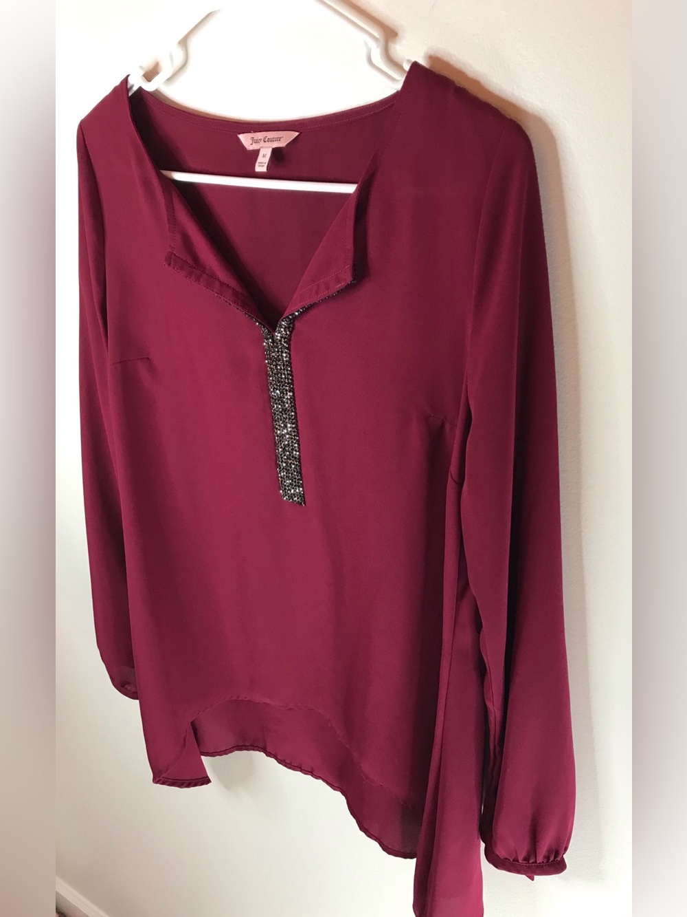 Juicy Couture Berry Beaded Blouse Sparkly V-Neck Long Sleeve Top